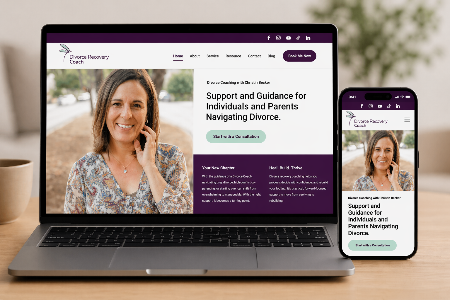 Divorce Recovery Coaching, Christin Becker, desktop and mobile screenshot of their website refresh.
